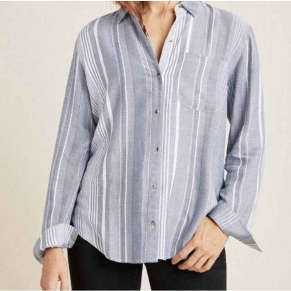 Anthropologie Blue and White Striped Button-Up Blouse